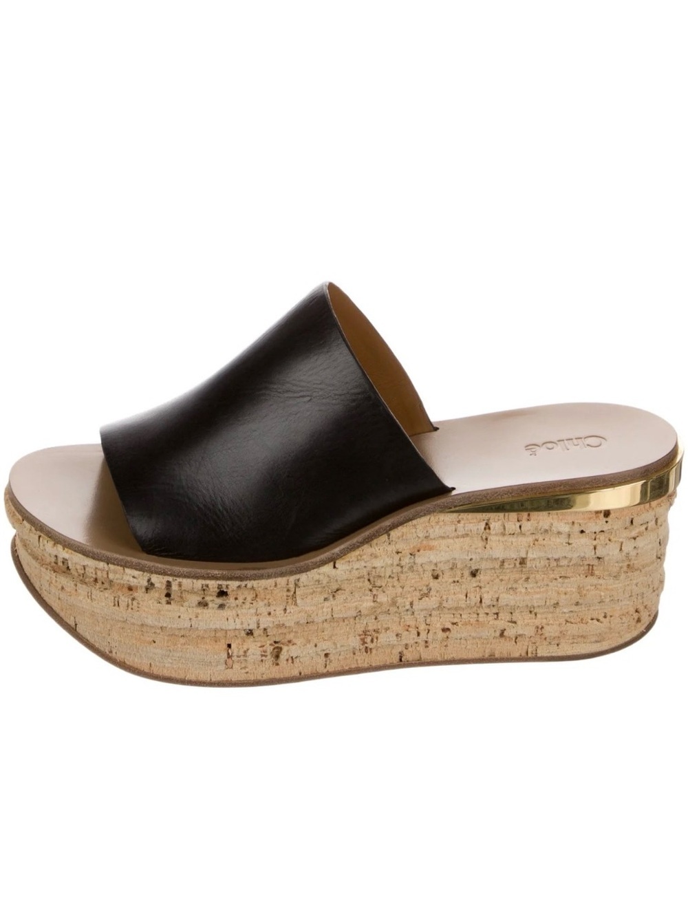 Chloe Black Leather Cork Platform Wedge Slide with Gold Trim, size 8.5